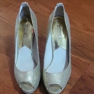 Michael Kors Gold Glitter Peep Toe Heels